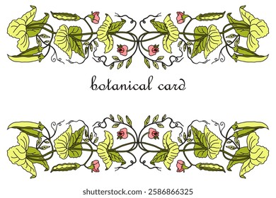 Botanical Card Design with floral elements. Hand drawn green peas plant with leaves and pods isolated on white background. Trendy artistic vector illustration for Birthday Wedding Invitation Greeting 