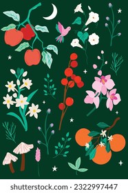 Botanical card with flowers, apple, orange, mushroom illustration. Pretty composition for cards, book cover, T-shirt Print, poster etc.