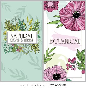 Botanical card with Herbs, fruits and flowers for design beauty products for care, individual products for the company, for designer tea packaging or organic food. Editable vector illustration