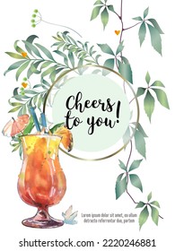 Botanical card with leaves, flowers and wine glass. Vector layout decorative greeting card or invitation background design. Hand drawn illustration