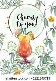 Botanical card with leaves, flowers and wine glass. Vector layout decorative greeting card or invitation background design. Hand drawn illustration