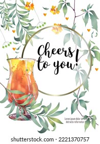 Botanical card with leaves, flowers and wine glass. Vector layout decorative greeting card or invitation background design. Hand drawn illustration