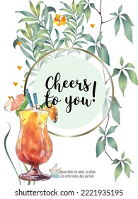 Botanical card with leaves, flowers and wine glass. Vector layout decorative greeting card or invitation background design. Hand drawn illustration
