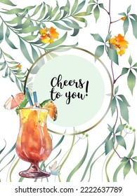 Botanical card with leaves, flowers and wine glass. Vector layout decorative greeting card or invitation background design. Hand drawn illustration