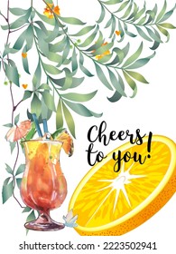 Botanical card with leaves, flowers and wine glass. Vector layout decorative greeting card or invitation background design. Hand drawn illustration