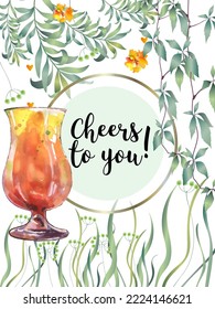Botanical card with leaves, flowers and wine glass. Vector layout decorative greeting card or invitation background design. Hand drawn illustration
