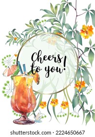 Botanical card with leaves, flowers and wine glass. Vector layout decorative greeting card or invitation background design. Hand drawn illustration