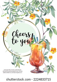 Botanical card with leaves, flowers and wine glass. Vector layout decorative greeting card or invitation background design. Hand drawn illustration