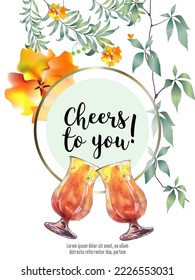 Botanical card with leaves, flowers and wine glass. Vector layout decorative greeting card or invitation background design. Hand drawn illustration
