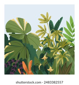 Botanical card, natural green plants. Exotic jungle background, floral backdrop design. Tropical leaf garden, fresh foliage. Greenery, greenhouse with leaves. Summer thickets. Flat vector illustration