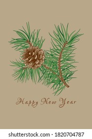 Botanical card with pine branch. Vector illustration. Beige background and colorful pattern.