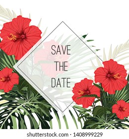 Botanical card template, beautiful tropical flowers bouquet, red hibiscus flowers, palm leaves, exotic plants, floral clip art isolated on white background. 