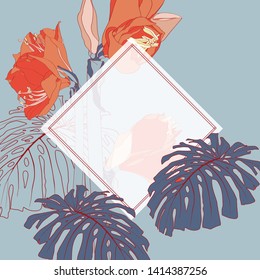 Botanical card template, beautiful tropical flowers bouquet.