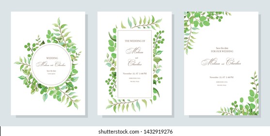 Botanical card with wild leaves. Set of wedding invitations; flowers, leaves floral and herbal garlands with green foliage eucalyptus exotic tropical plants. Vector graphics.