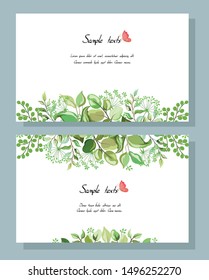 Botanical card with wild leaves. Set of wedding invitations; flowers, leaves floral and herbal garlands with green foliage eucalyptus exotic tropical plants. Vector graphics.