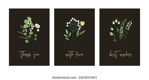 Botanical cards set. Floral postcards designs with field flowers, meadow herbs. Vertical nature backgrounds with gentle herbal leaf plants, blooms and phrases. Botany flat vector illustrations