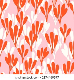 Botanical cartoon seamless pattern. Hand drawn floral background. Nature inspired simple vector print for fabric, wallpaper, stationery, package, paper