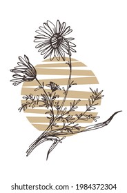 Vector de arte de la pared chamomile botánico. Dibujo minimalista de líneas de follaje boho con forma abstracta. Resumen Diseño de arte vegetal para la impresión, cubierta, papel pintado, arte de pared mínimo y natural.