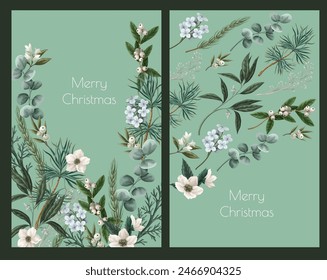 Botanical Christmas cards with  flowers and leaves. Vector.