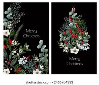 Botanical Christmas cards with  flowers and leaves. Vector