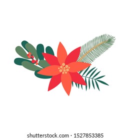 Elemento de diseño navideño botánico, flores de invierno de poinsettia y hojas de mistletoe, espiral de árbol de abeto aislado en fondo blanco