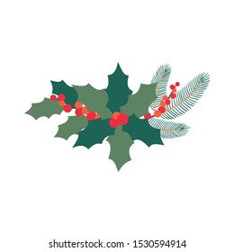 Botanical Christmas Design Element, Winter Holly Leaves And Fir Tree Sprig Isolated On White Background