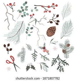 Botanical Christmas elements for making Xmas wreath, garland, or other home decor. Winter brunches, flowers, leaves, and pinecones isolated on white backgrounds. Vector set.