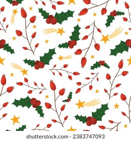 Botanical Christmas pattern. Flat style. Christmas plant elements - holly leaves, thorn berries. Golden falling stars. Bright shades of red, green, yellow. For textiles, wallpaper, packaging paper.