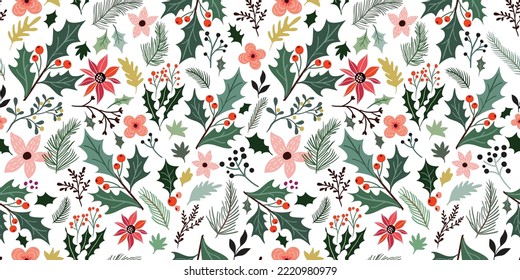 Botanical Christmas seamless pattern, wallpaper, winter design with holly leaves, poinsettia, pine tree, seasonal plants 