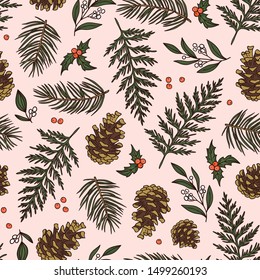 Botanical Christmas seamless pattern. Winter natural repeat design with pine cones and fir branches. Vector hand-drawn illustration.
