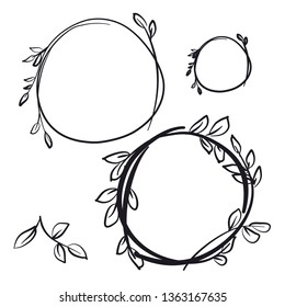 Botanical circle decorative hand drawn frames set. Floral round vector ink borders pack. Wreath with branches, twigs, leaves freehand drawing. Spring holiday greeting card, invitation design element 