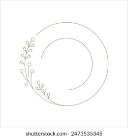 Botanical circle frame with berries branch hand drawn decorative line art element for logo vector illustration. Floral round monochrome border contour design element invitation emblem greeting card