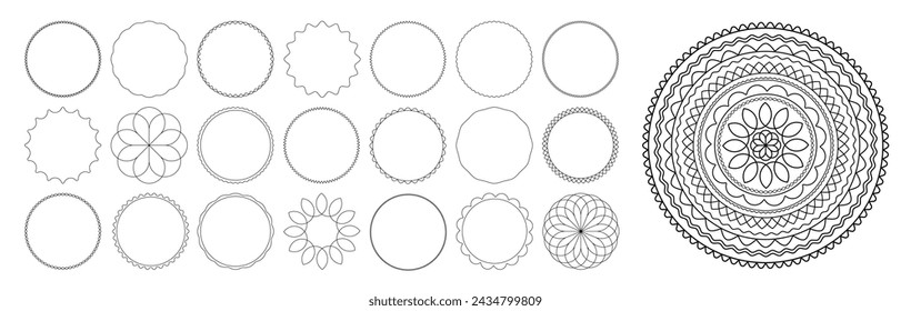 Botanical Circle Frame collection. Full Vector Outline Style Shapes with Editable Strokes. Mandala Decoration. 