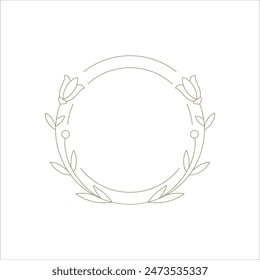 Botanical circle frame with elegant tulip flower minimalist line art decor element for logo vector illustration. Monochrome round border blossom floral outline decorative design for invitation emblem