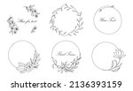 Botanical circle frame. Hand drawn round line border, leaves and flowers, wedding invitation and cards, logo design and posters template. Elegant minimal style floral vector isolated set