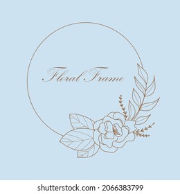 Botanical circle frame. Hand drawn round line border, leaves and flowers, wedding invitation and cards, logo design and posters template. Elegant minimal style floral vector isolated illustration