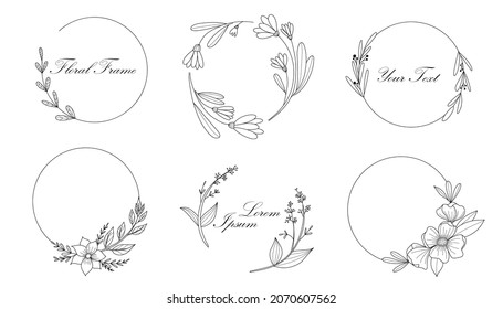 Botanical circle frame. Hand drawn round line border, leaves and flowers, wedding invitation and cards, logo design and posters template. Elegant minimal style floral vector isolated set