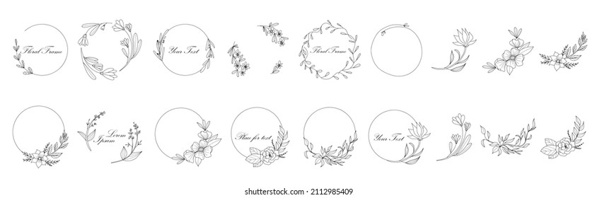 Botanical circle frame. Hand drawn round line border, leaves and flowers, wedding invitation and cards, logo design and posters template. Elegant minimal style floral vector isolated set