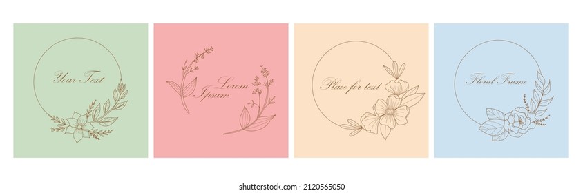 Botanical circle frame. Hand drawn round line border, leaves and flowers, wedding invitation and cards, logo design and posters template. Elegant minimal style floral vector isolated set