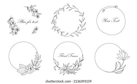 Botanical circle frame. Hand drawn round line border, leaves and flowers, wedding invitation and cards, logo design and posters template. Elegant minimal style floral vector isolated set