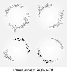 Botanical circle frame. Hand drawn round line border, leaves and flowers, wedding invitation and cards, logo design and posters template.