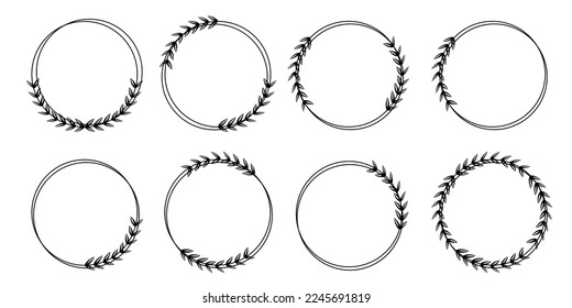 Botanical circle frame. Hand drawn round line border, leaves and flowers, wedding invitation and cards, logo design and posters template. Elegant minimal style floral vector isolated set