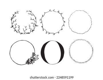 Marco de círculo botánico. Borde de línea redonda dibujado a mano, hojas y flores, invitación de boda y tarjetas, diseño de logotipo y plantilla de afiches. Vector elegante