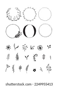 Marco de círculo botánico. Borde de línea redonda dibujado a mano, hojas y flores, invitación de boda y tarjetas, diseño de logotipo y plantilla de afiches. Ilustración vectorial elegante