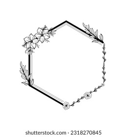 Botanical circle frame. Hand drawn round line border, leaves and flowers, wedding invitation and cards, logo design and posters template