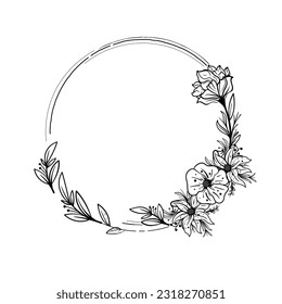 Botanical circle frame. Hand drawn round line border, leaves and flowers, wedding invitation and cards, logo design and posters template