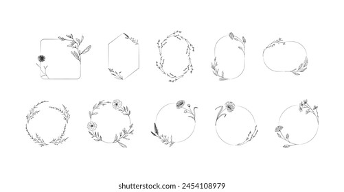 Botanical circle frame. Hand drawn round line border, leaves and flowers, wedding invitation and cards, logo design and posters template. Elegant minimal style floral vector isolated set