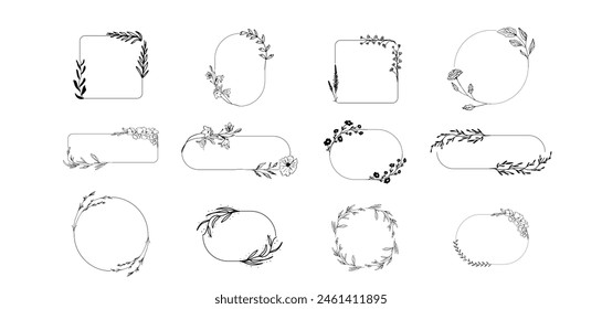 Botanical circle frame. Hand drawn round line border, leaves and flowers, wedding invitation and cards, logo design and posters template. Elegant minimal style floral vector isolated set