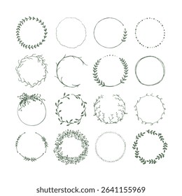 Botanical circle frame. Hand drawn round line border, leaves and flowers, wedding invitation and cards, logo design and posters template. Elegant vector illustration
