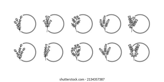 Botanical Circle Frame-realated vector element with line style. Perfect for any purpuse use. Decorative outline cector illustration. Botanical and flower circle frame.

